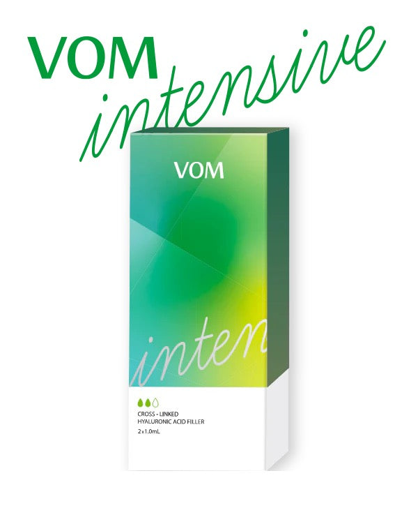 VOM Intense hyaluronic acid filler packaging with green gradient design.