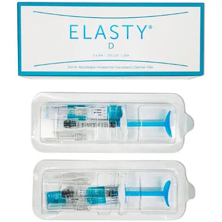 Elasty D injectable hyaluronic acid filler gel packaging with two syringes.