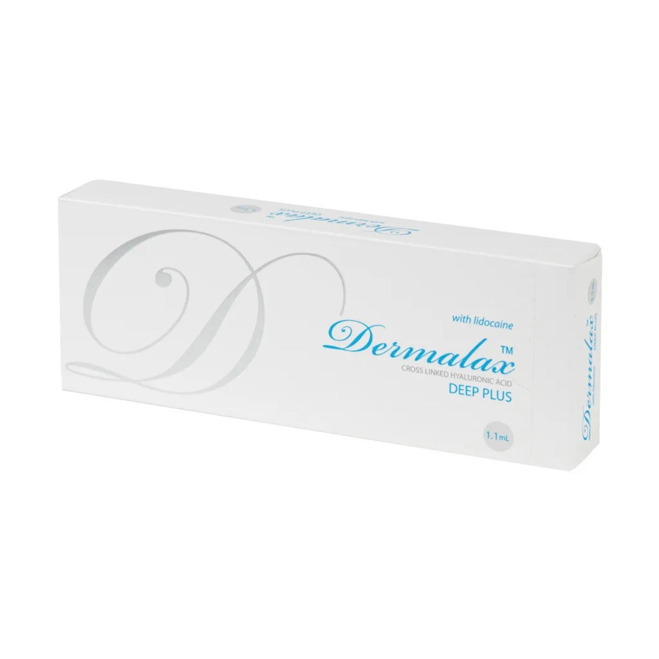 Dermalax Deep Plus hyaluronic acid dermal filler with lidocaine for deep wrinkle correction and volume enhancement in a 1.1ml pre-filled syringe.