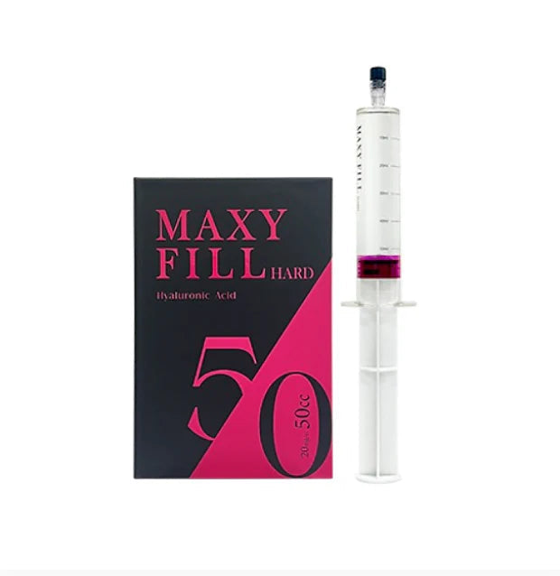 MAXY FILL 50cc hard dermal filler syringe packaging with cross-linked hyaluronic acid for deep volumization.