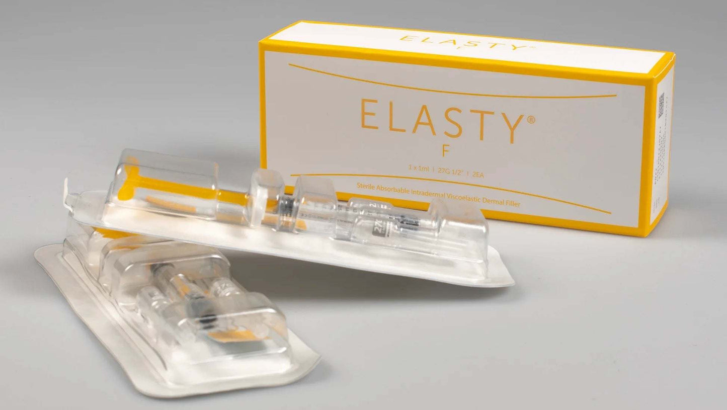 ELASTY F dermal filler syringe with yellow and white packaging for fine wrinkle correction and skin hydration