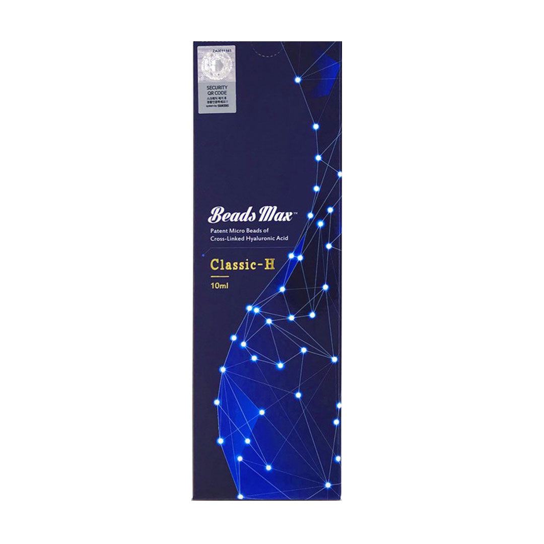 BEADS MAX (10cc) dermal filler packaging with blue and white molecular design for volume restoration and contouring