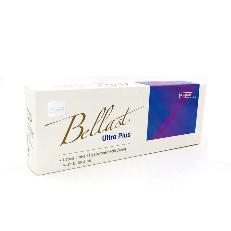 Bellast Ultra Plus dermal filler packaging with cross-linked hyaluronic acid for facial volume enhancement and wrinkle smoothing