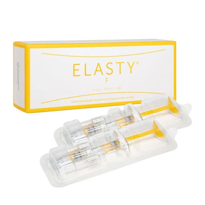 ELASTY F dermal filler with hyaluronic acid for fine wrinkle correction and skin hydration, includes pre-filled syringes