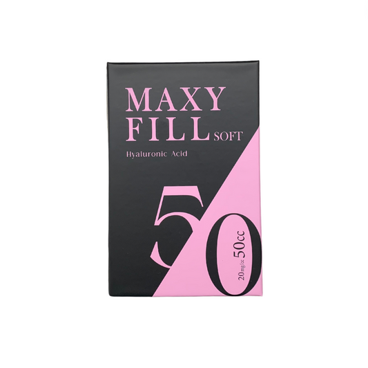 MAXY FILL 50cc Soft dermal filler packaging with hyaluronic acid for facial volumization.