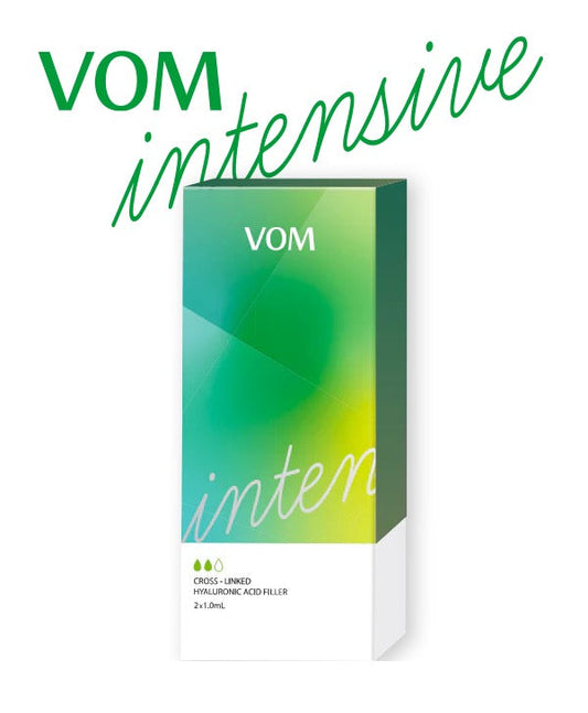 VOM Intense hyaluronic acid filler packaging with green gradient design.