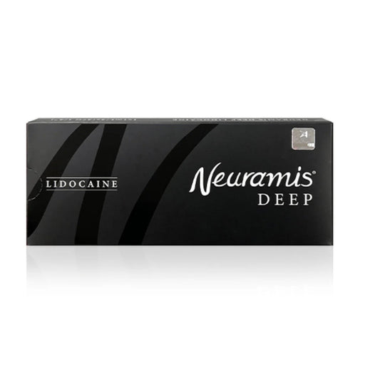 Neuramis DEEP lidocaine dermal filler box with lidocaine label, innovative SHAPE technology, and 1 syringe per pack.