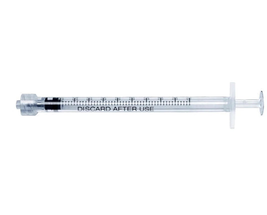 Luer Lock disposable syringe 1ml with transparent barrel and secure connection.