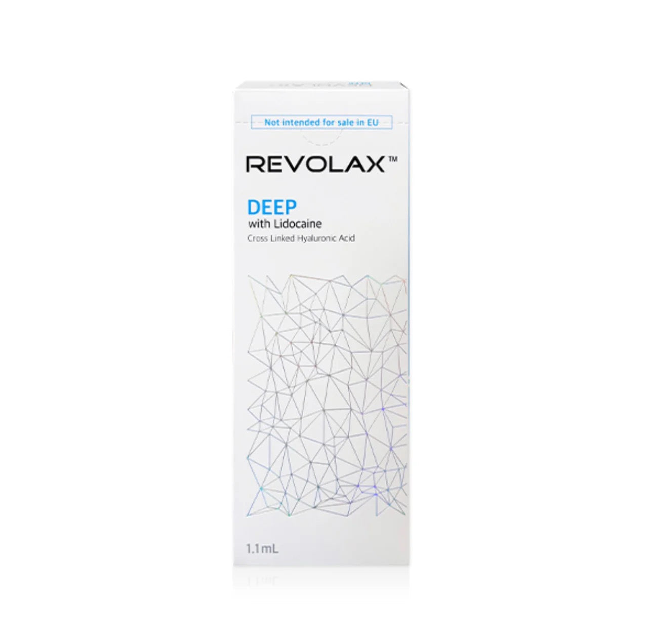 Revolax Deep dermal filler packaging showing 1.1mL cross-linked hyaluronic acid formula.