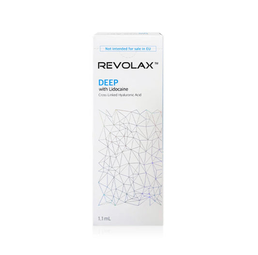 Revolax Deep dermal filler packaging showing 1.1mL cross-linked hyaluronic acid formula.